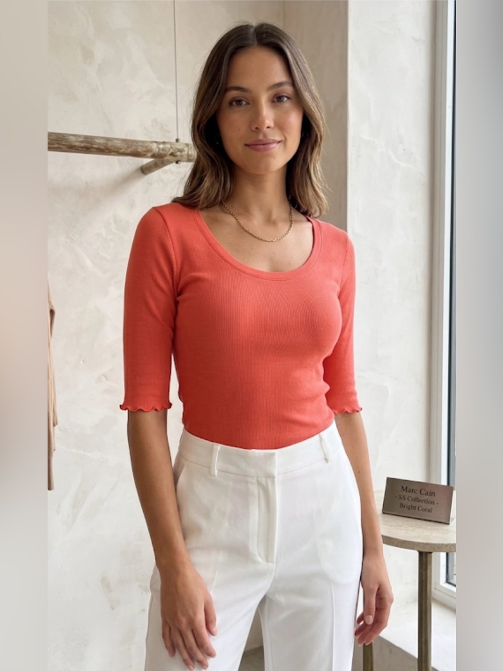 Marc Cain Short-Sleeve Crewneck Top in Bright Coral